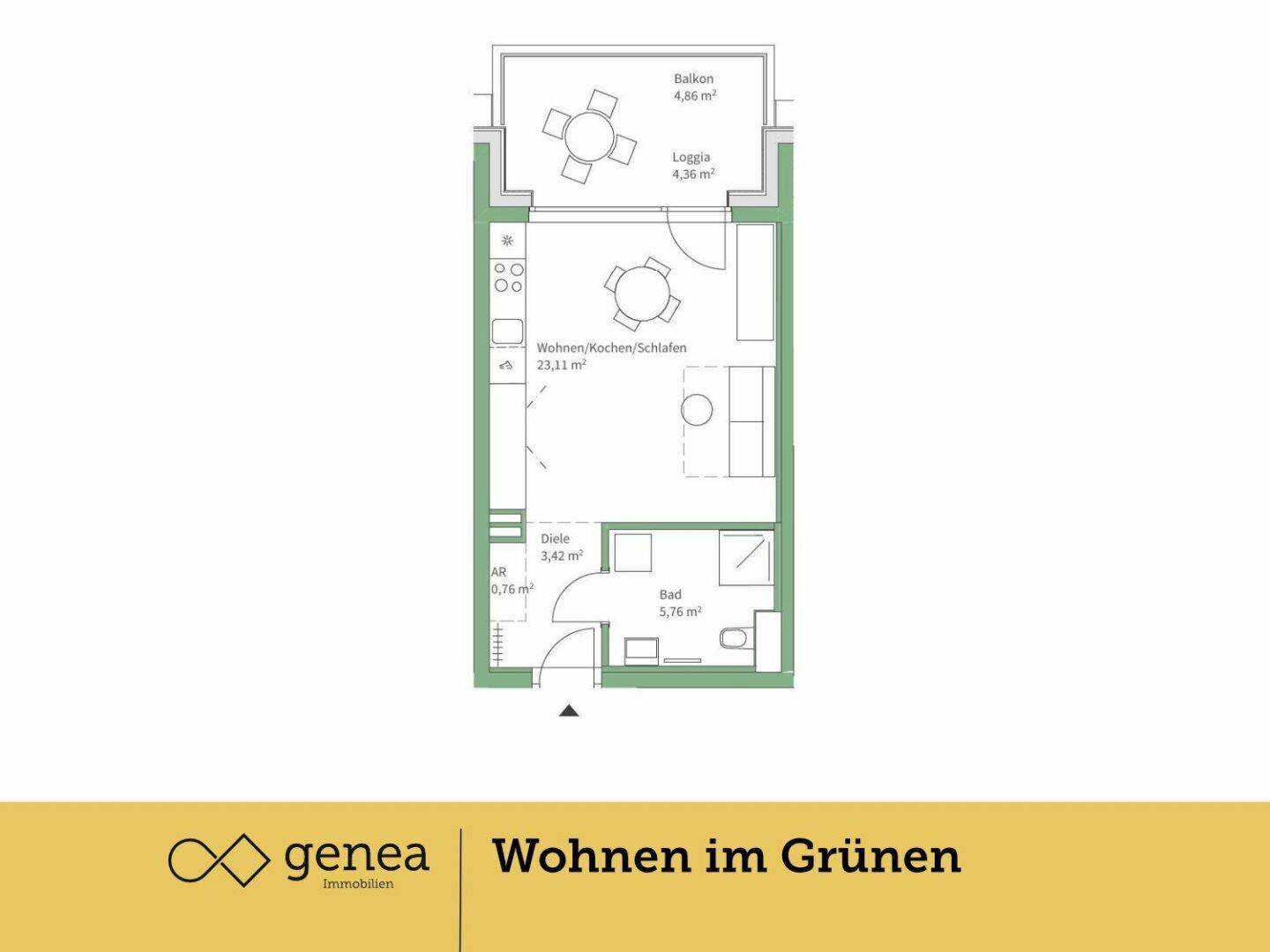 Grundriss einer kompakten Wohnung mit offenem Wohnbereich, Loggia und Balkon.