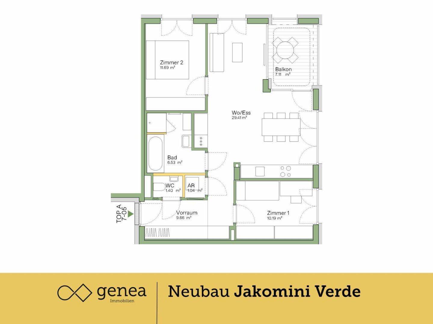 Grundriss einer modernen Wohnung mit Wohn-/Essbereich, zwei Zimmern, Bad und Balkon.