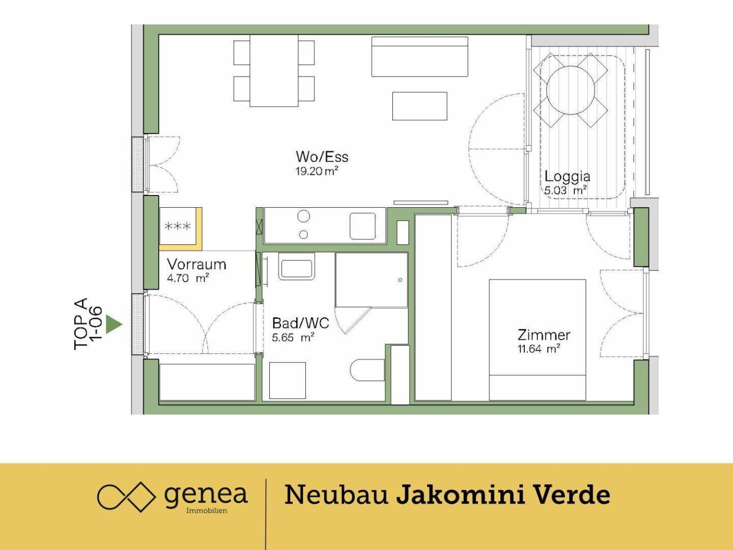 Grundriss einer Wohnung mit Wohn-/Essbereich, Loggia, Schlafzimmer und Badezimmer.