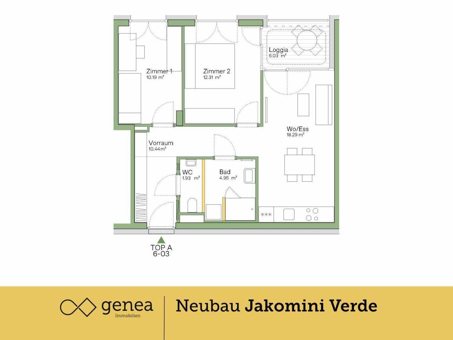 Grundriss einer Wohnung mit zwei Zimmern, Loggia, Bad und separatem WC.