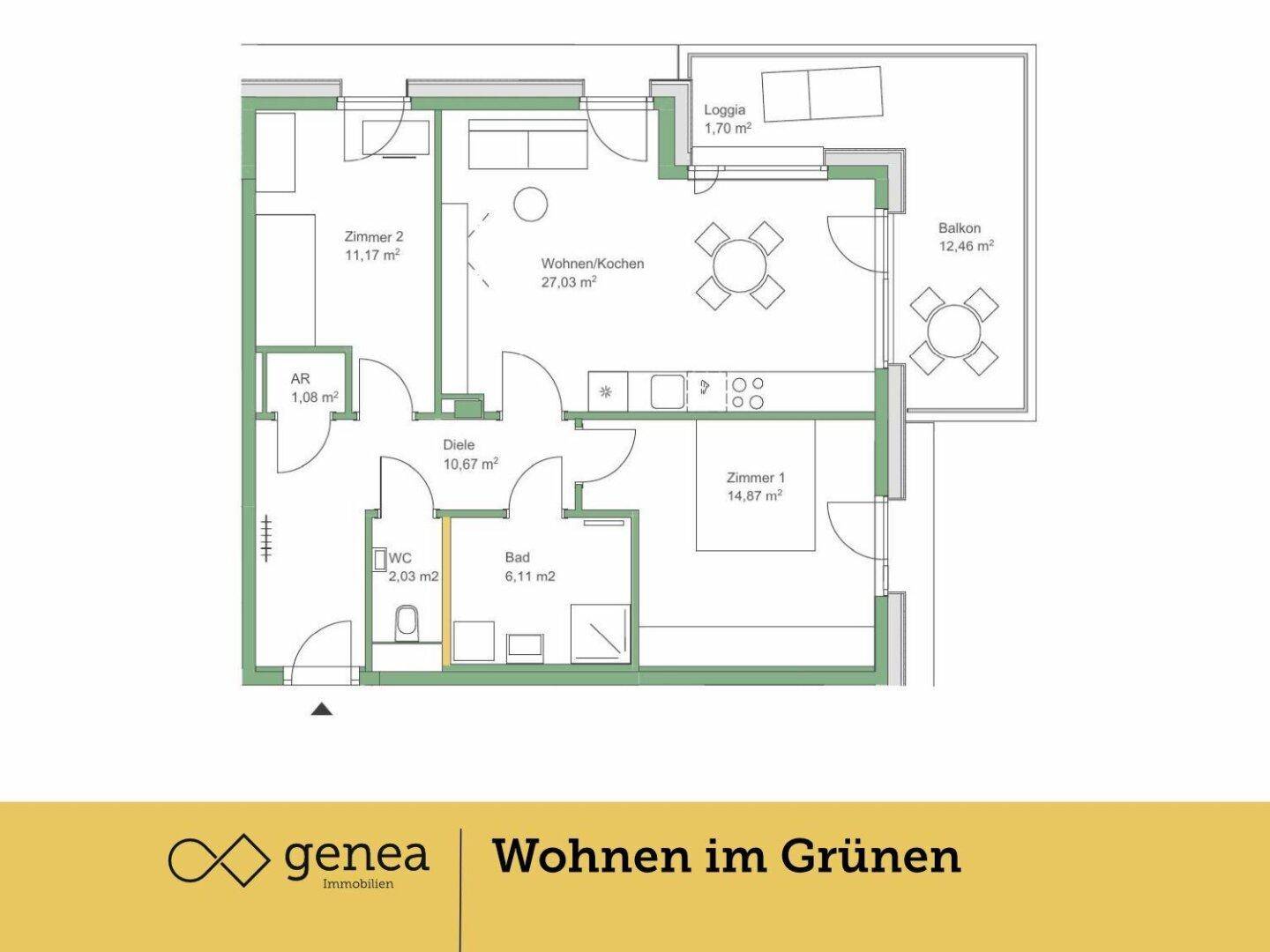 Detaillierter Grundriss einer Wohnung mit Loggia, Balkon und separatem WC.