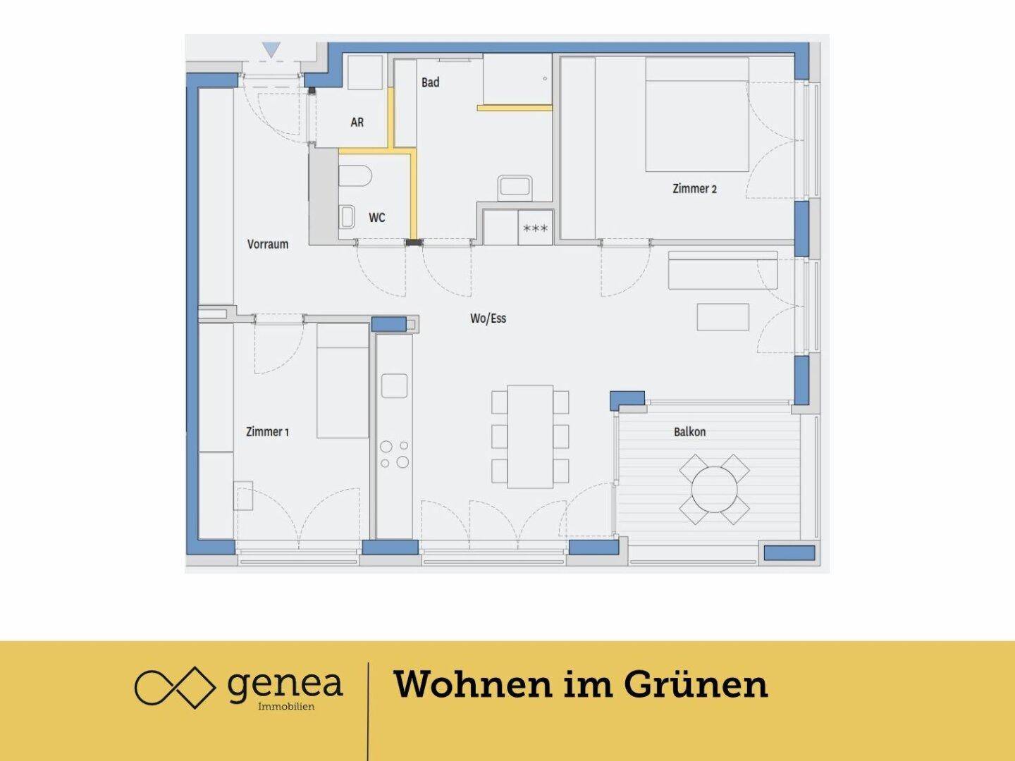 Detaillierter Grundriss der Wohnung mit zwei Zimmern, Wohn-Essbereich und Balkon.