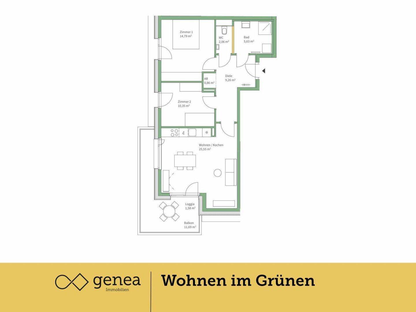 Grundriss einer Wohnung mit zwei Schlafzimmern, Wohnküche, Loggia und Balkon.