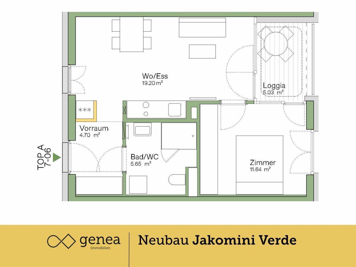 Grundriss einer Wohnung mit Wohn-/Essbereich, Loggia, Bad und einem Schlafzimmer.