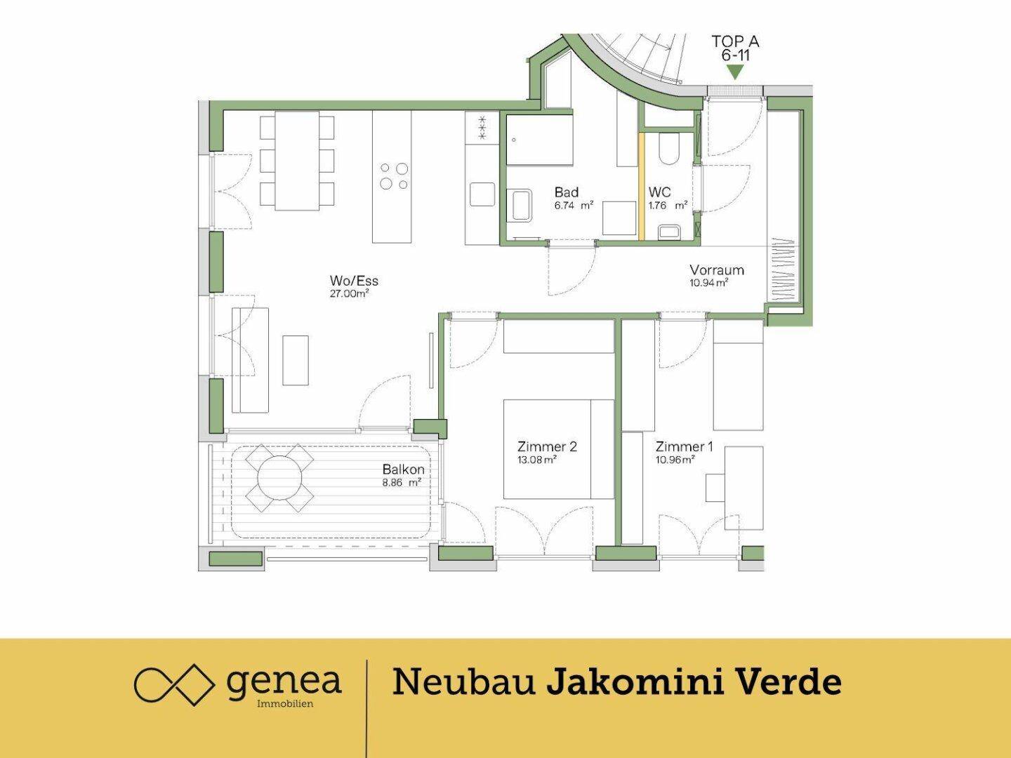 Grundriss einer Wohnung mit offenem Wohn-Essbereich, zwei Schlafzimmern und Balkon.