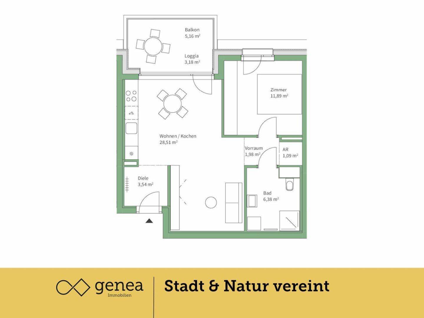 Grundriss einer modernen Wohnung mit offenem Wohn-/Kochbereich, Loggia und Balkon.