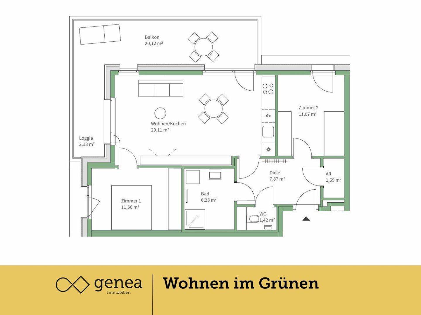 Grundriss einer Wohnung mit Balkon, Loggia, zwei Schlafzimmern und offenem Wohn-/Kochbereich.