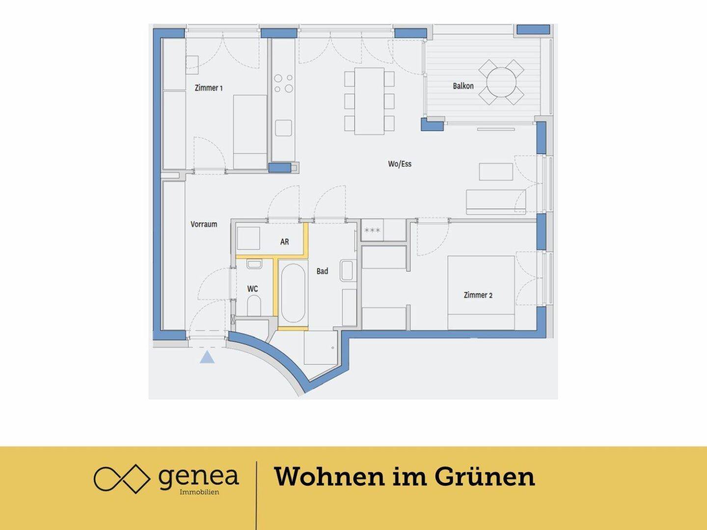 Grundriss einer Wohnung mit zwei Schlafzimmern, offenem Wohnbereich und Balkon.