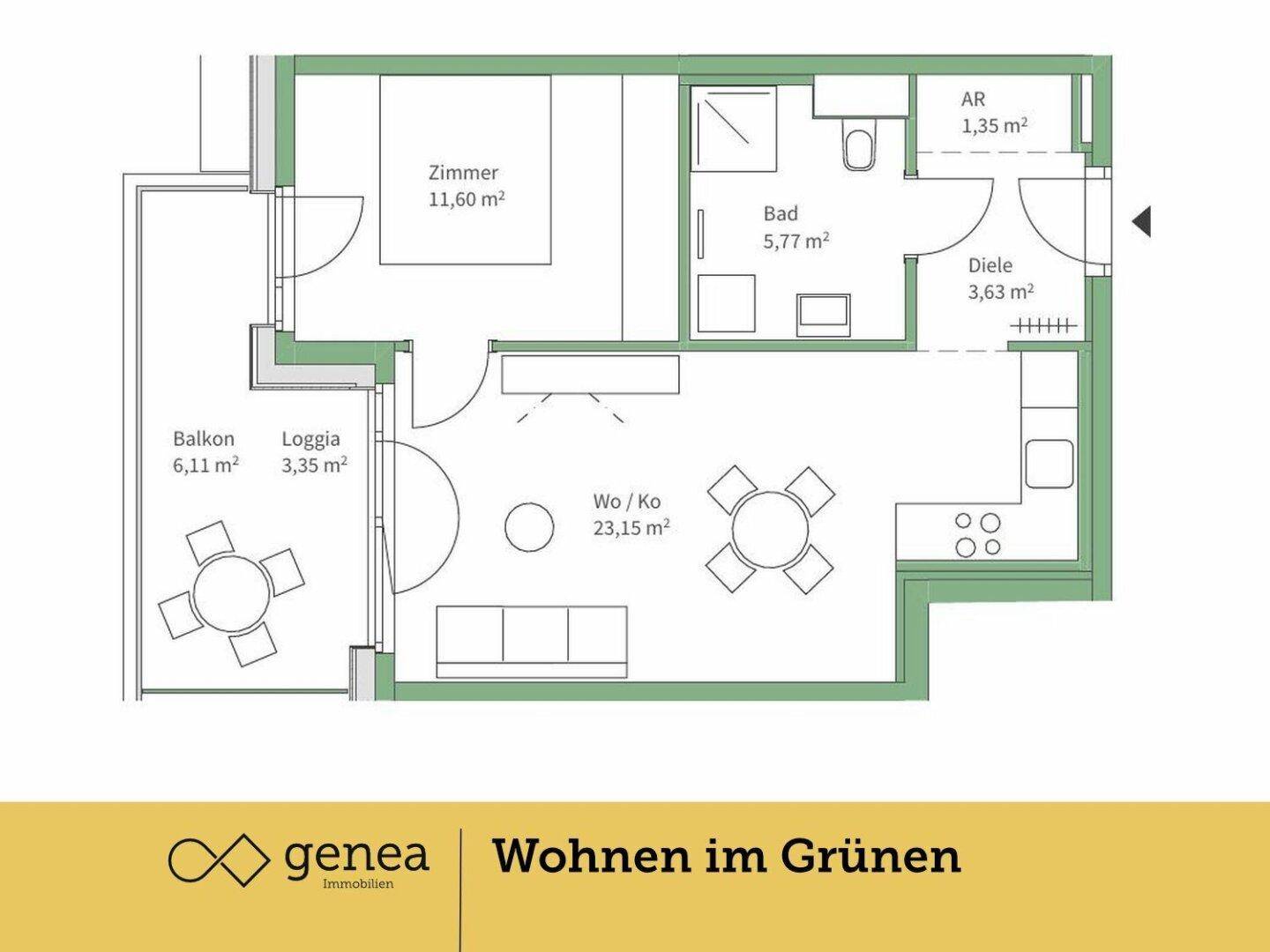 Grundriss einer Wohnung mit Balkon, Loggia, Schlafzimmer, Bad und offenem Wohn-/Kochbereich.