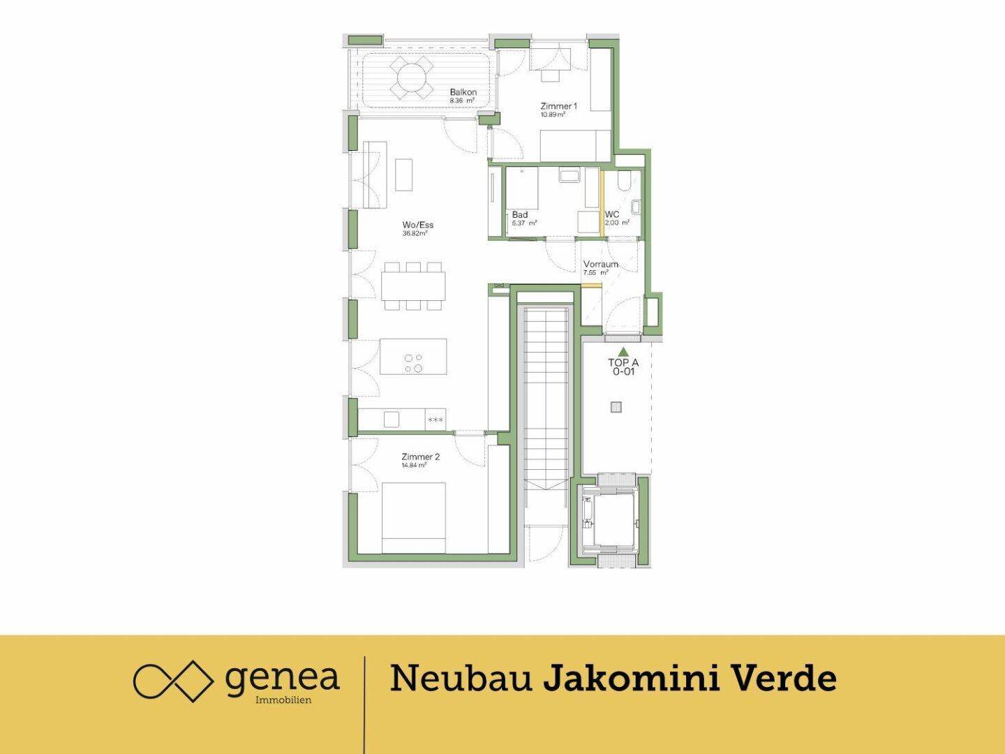 Grundriss einer Wohnung mit zwei Zimmern, offenem Wohn-Essbereich und Balkon.