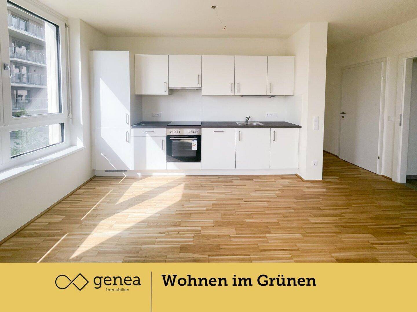 Moderne Einbauküche mit weißen Schränken und dunkler Arbeitsplatte in einem hellen Raum.
