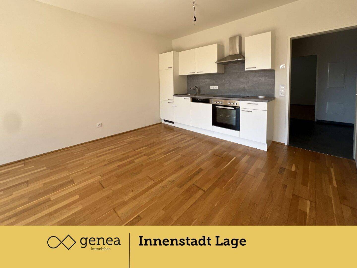 Moderne Einbauküche mit weißen Schränken, Backofen, Geschirrspüler und Dunstabzugshaube.