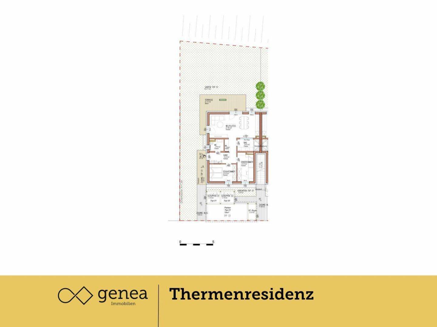 Detaillierter Grundriss einer Wohneinheit mit klarer Raumaufteilung und Außenbereichen.