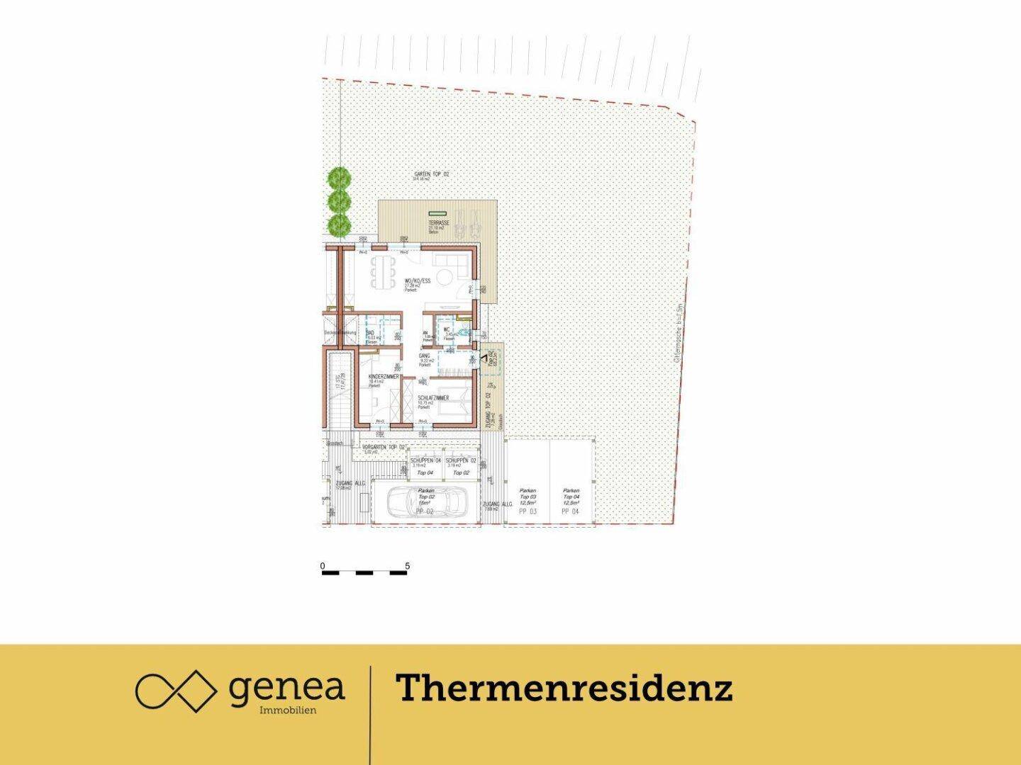 Detaillierter Grundriss einer Wohneinheit mit Garten, Carport und Abstellräumen.