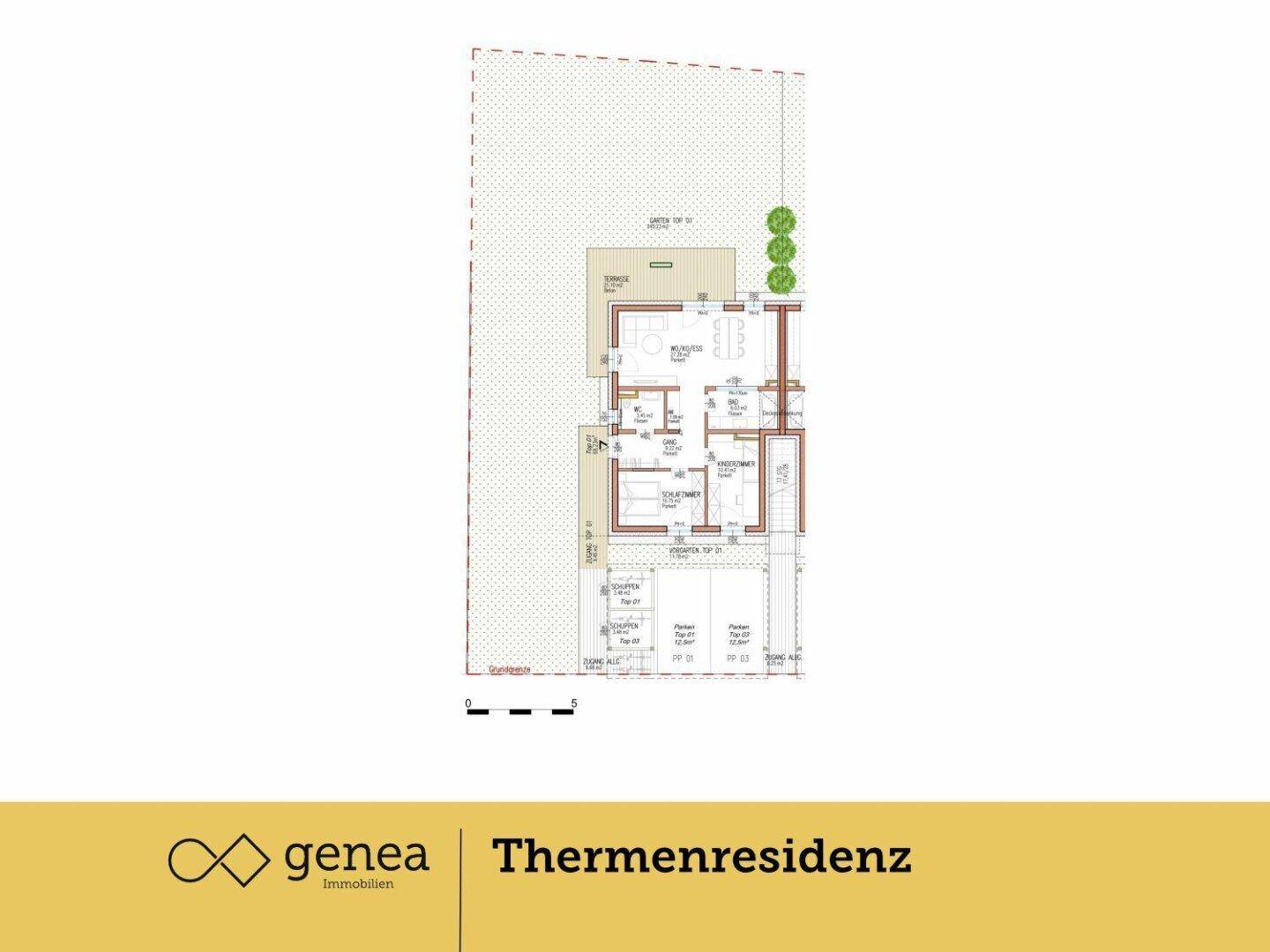 Detaillierter Grundriss des Erdgeschosses mit Garten und Parkplätzen.