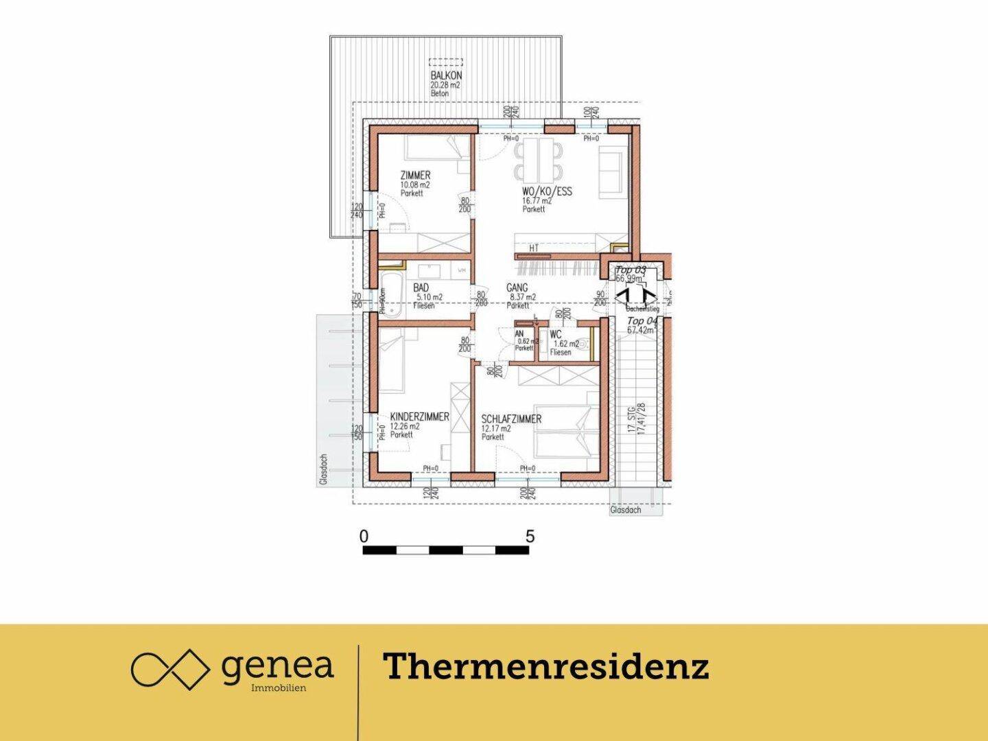Grundrissplan einer Wohneinheit mit Balkon, Schlafzimmern und offenem Wohn-/Essbereich.