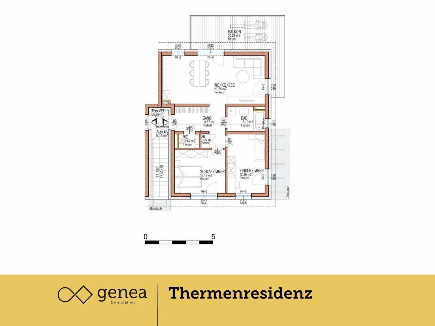 Grundriss einer Wohnung mit offenem Wohn-/Essbereich, zwei Schlafzimmern, Bad, WC und Balkon.