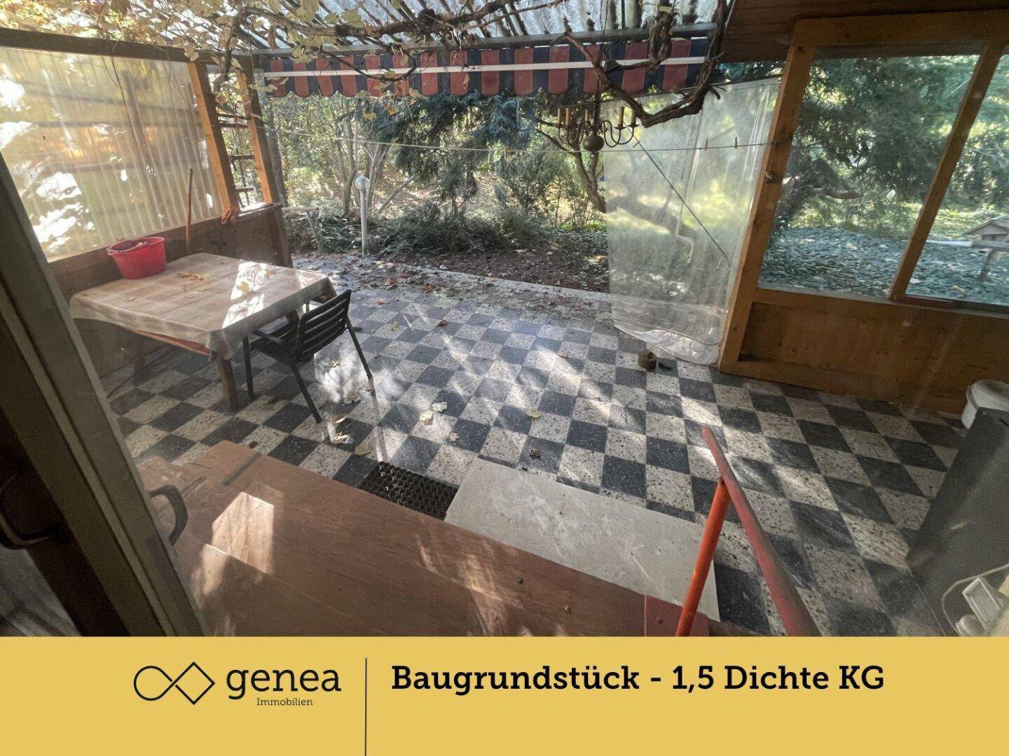 Verglaster Wintergarten mit schwarz-weiß kariertem Fliesenboden und Blick in den umgebenden Garten.