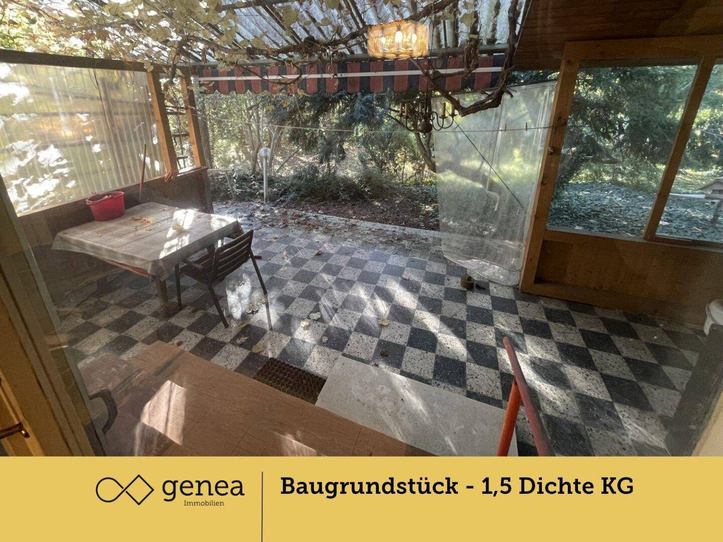 Verglaster Wintergarten mit schwarz-weiß kariertem Fliesenboden und Blick in den umgebenden Garten.