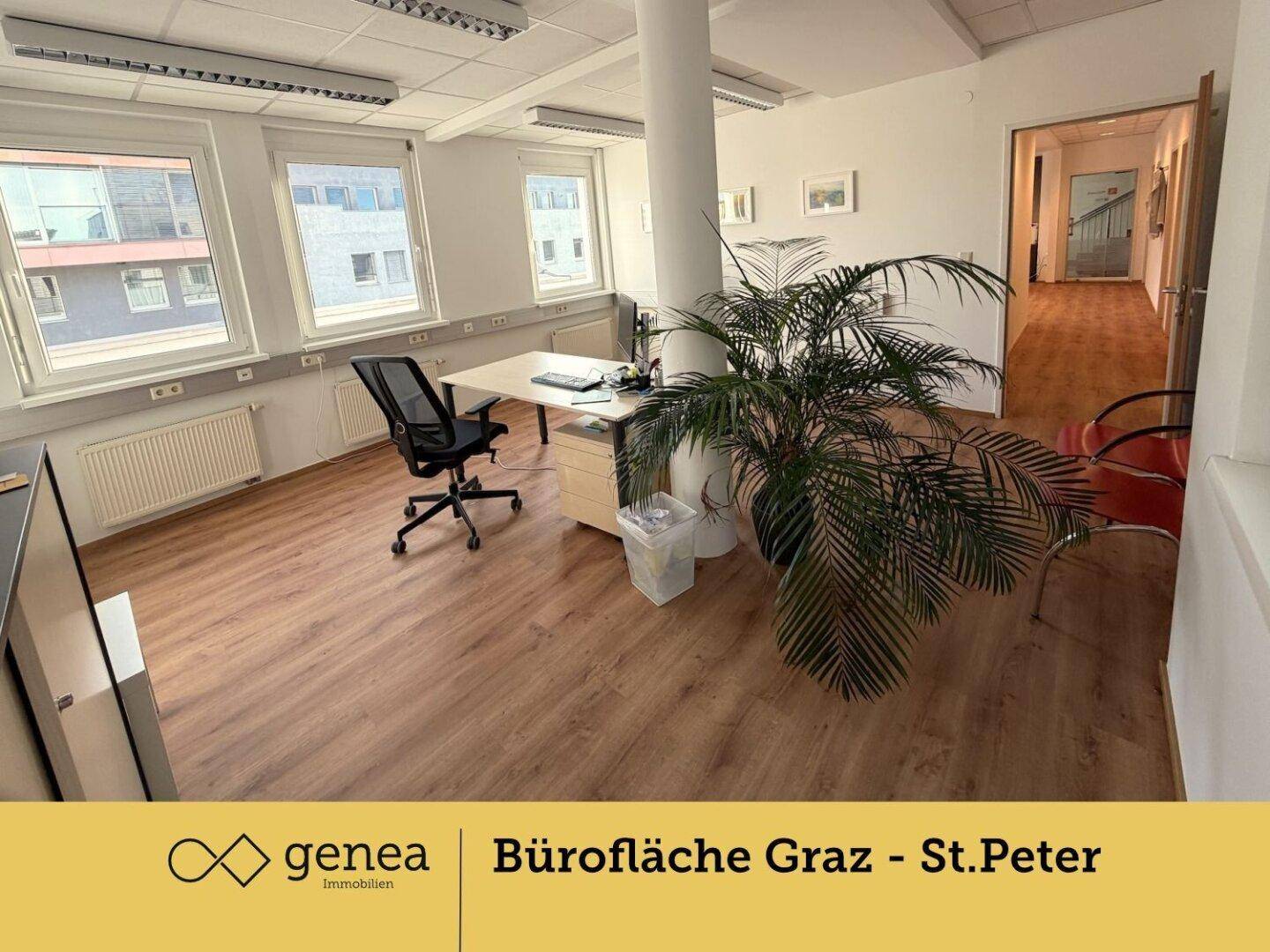 Büroraum mit Laminatboden, Schreibtisch und Zugang zu weiteren Räumen, gut beleuchtet durch Fenster.