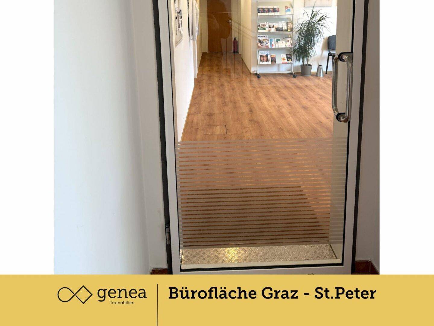 Eingangsbereich mit Glastür und Blick auf den Flur mit Laminatboden, hell und einladend.