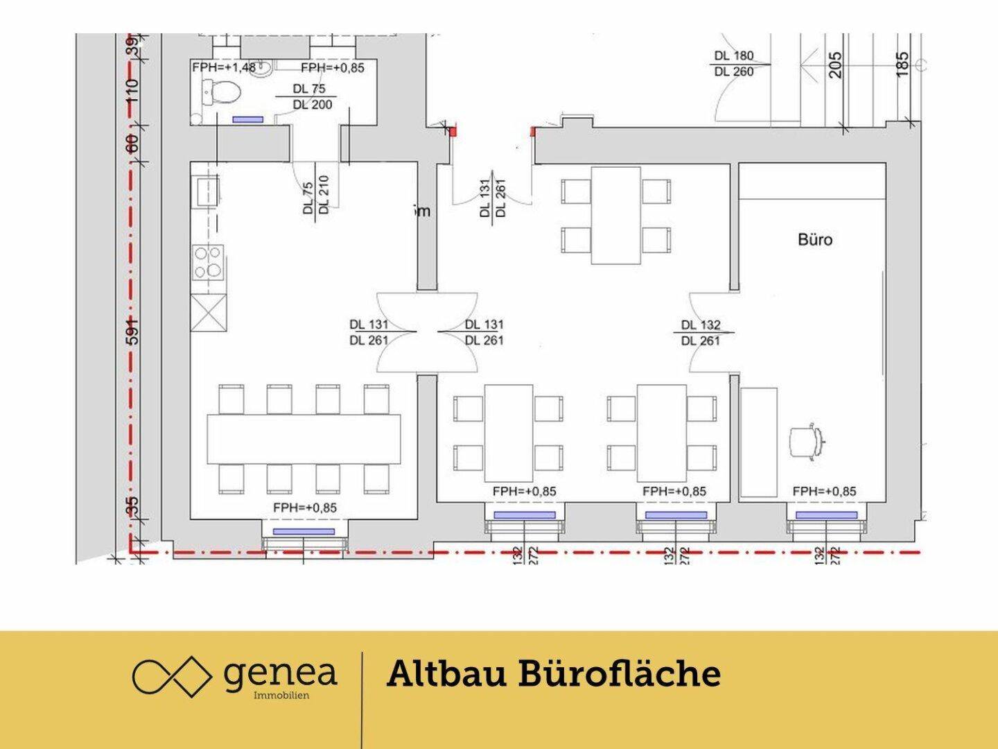 Grundriss einer Bürofläche mit mehreren Räumen, Teeküche und Sanitärbereich.