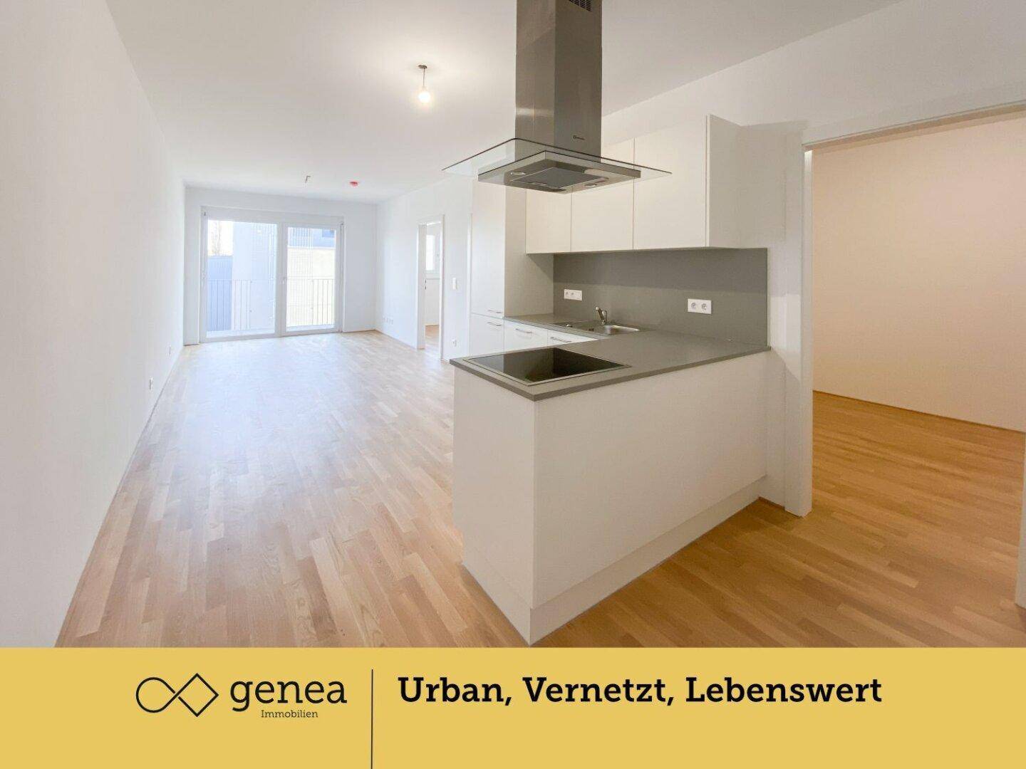 Moderne Einbauküche mit Kochinsel und Dunstabzugshaube, offen zum Wohnbereich.