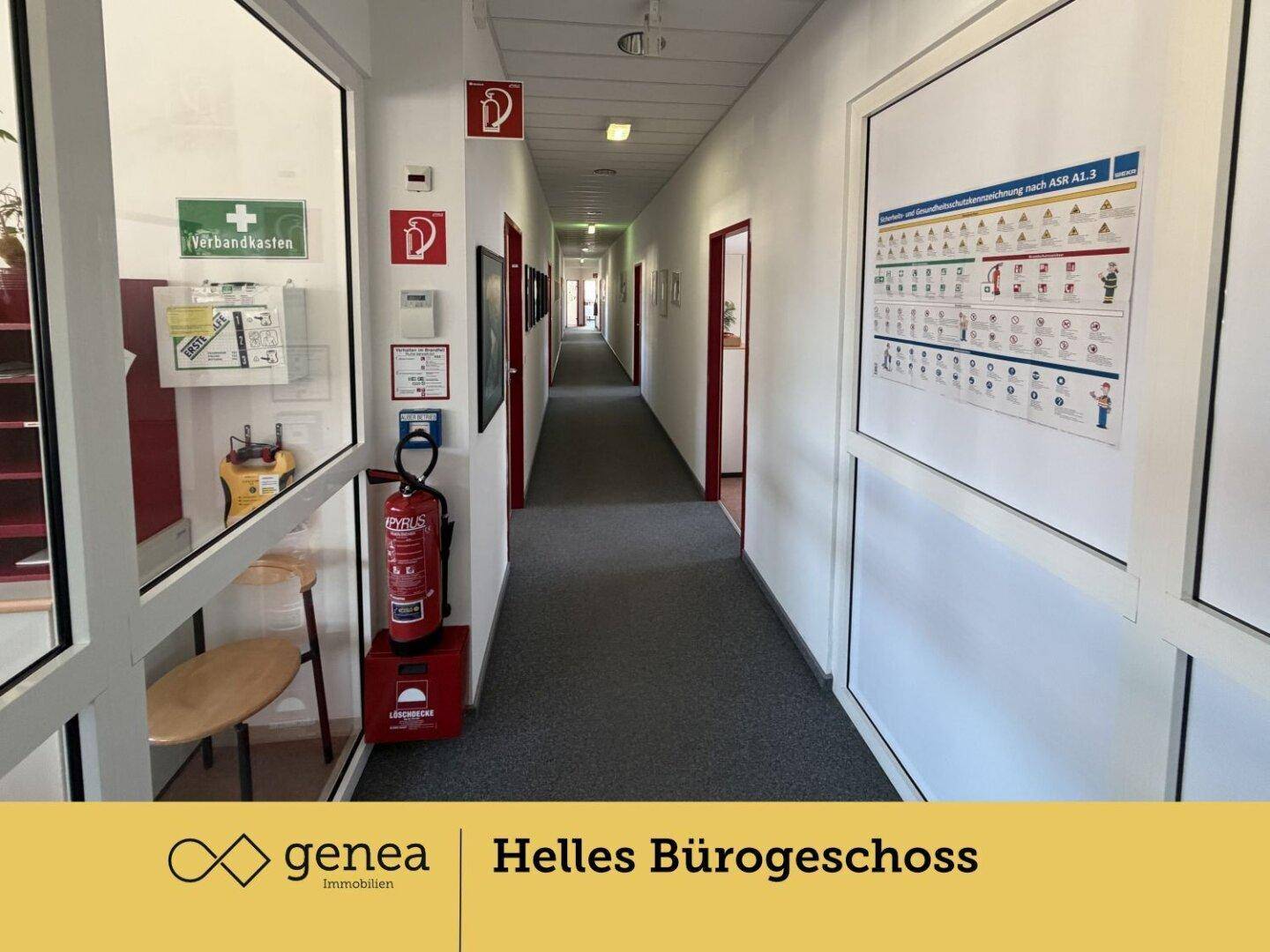 Geräumiger Flur mit Teppichboden, Sicherheitshinweisen an den Wänden und Türen zu Büroräumen.