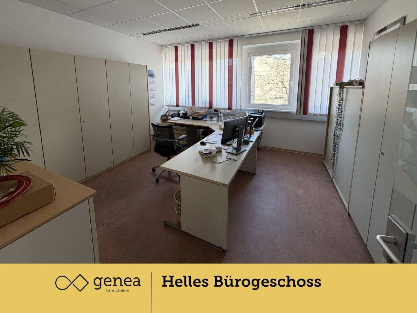 Einzelbüro mit Schreibtisch, Bürostühlen und Aktenschränken, ausgestattet mit vertikalen Jalousien am Fenster.
