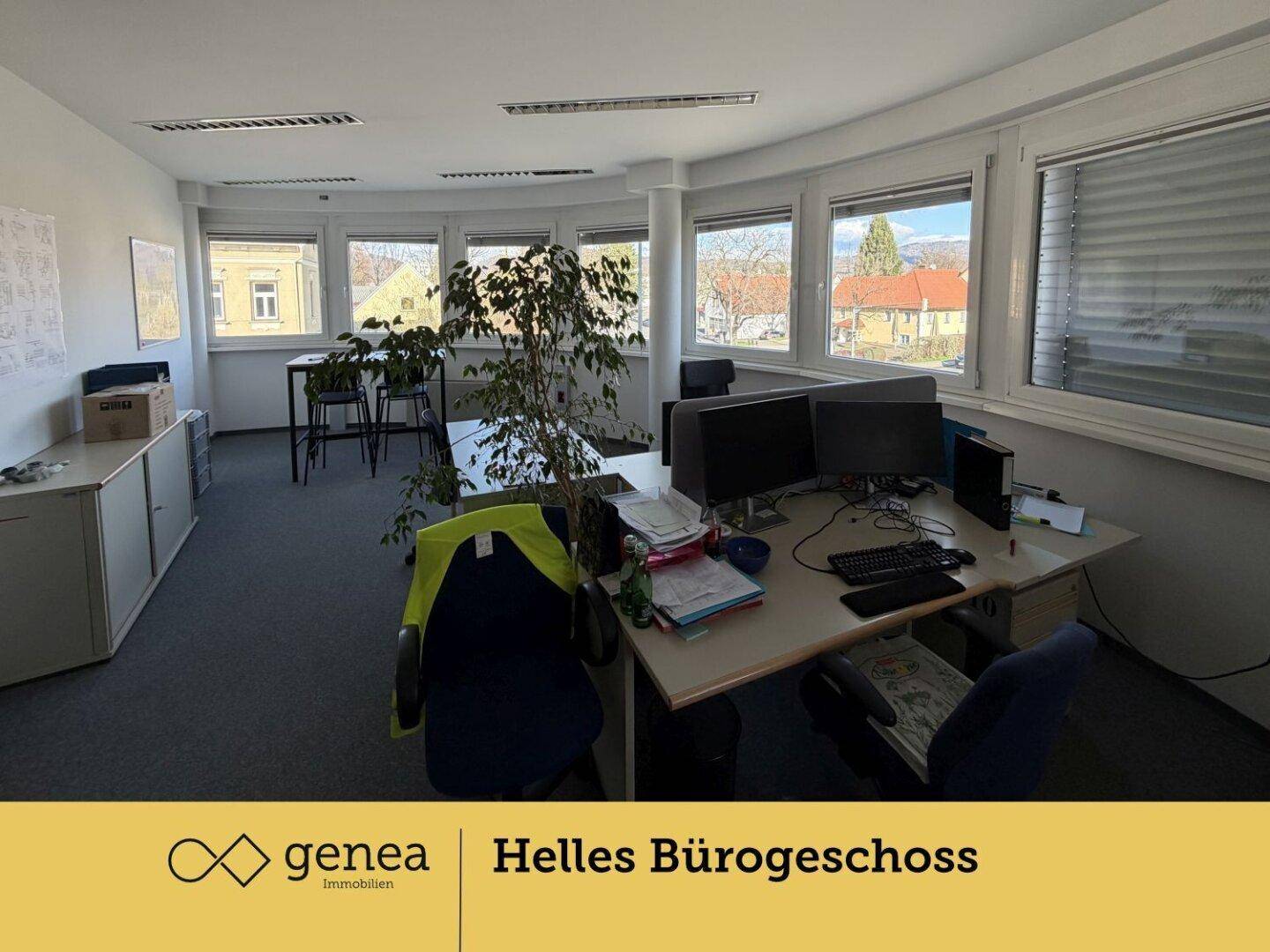 Modernes Büro mit mehreren Arbeitsplätzen, Teppichboden und großen Fenstern, die einen Blick nach draußen bieten.
