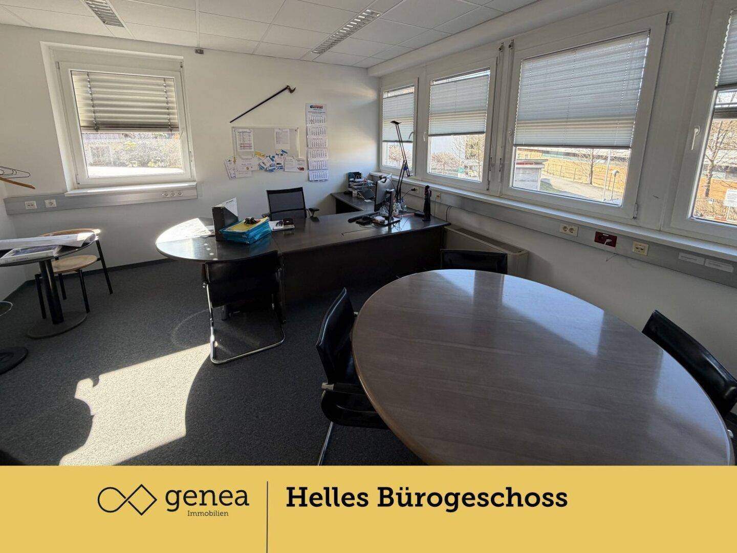 Helles Büro mit zwei Schreibtischen und großen Fenstern, die viel Tageslicht in den Raum lassen.