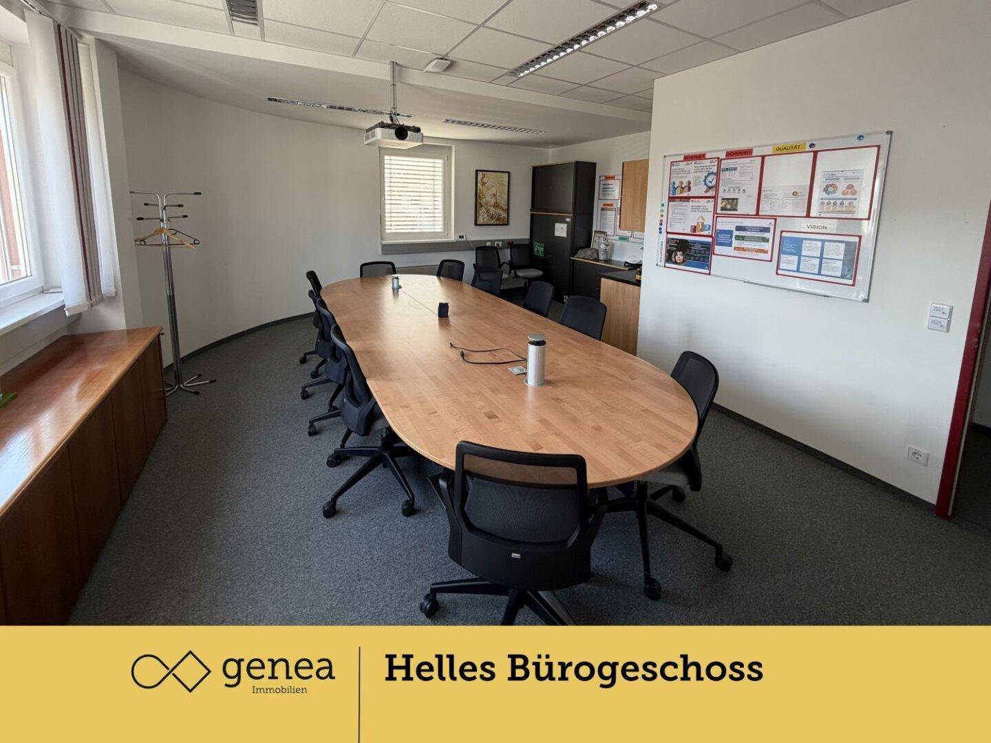 Geräumiger Konferenzraum mit ovalem Holztisch, bequemen Stühlen und einem Projektor an der Decke.