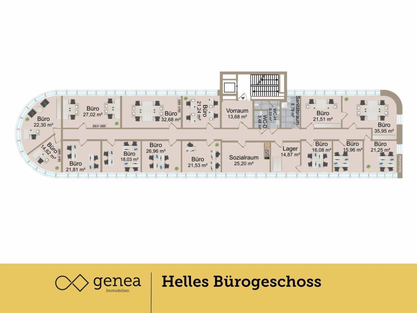 Detaillierter Grundriss eines Bürogeschosses mit mehreren Büroräumen, Sozialraum und Sanitäranlagen.