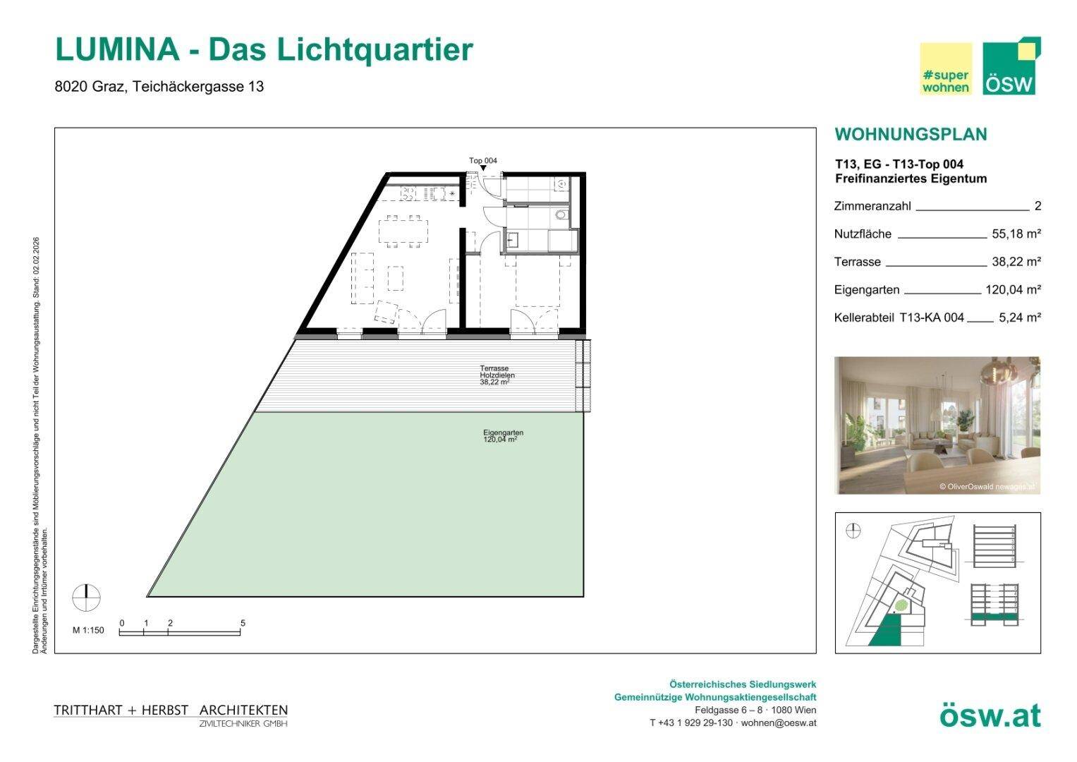 Grundrissplan einer Wohnung mit Terrasse und Gartenanteil, inklusive Raumaufteilung und Flächenangaben.