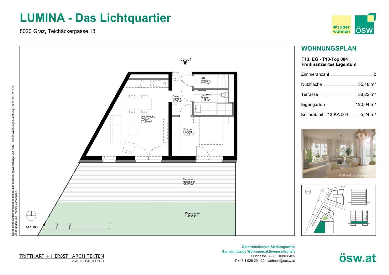 Detaillierter Grundrissplan einer Wohnung mit Wohnküche, Schlafzimmer und Bad, sowie Terrasse und Garten.
