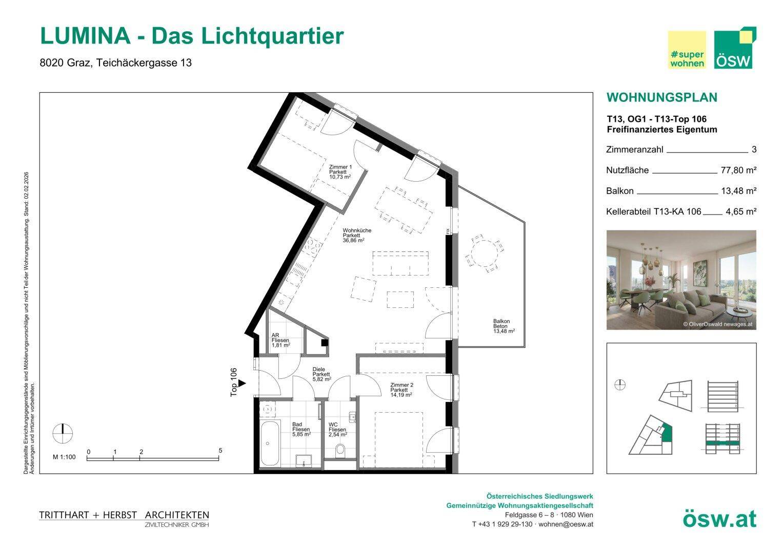 Detaillierter Wohnungsplan mit drei Zimmern, Balkon und separatem WC.