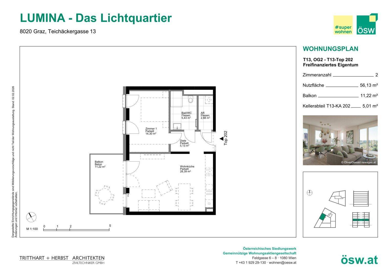 Grundriss einer Wohnung mit einem Schlafzimmer, Wohnküche und Balkon.