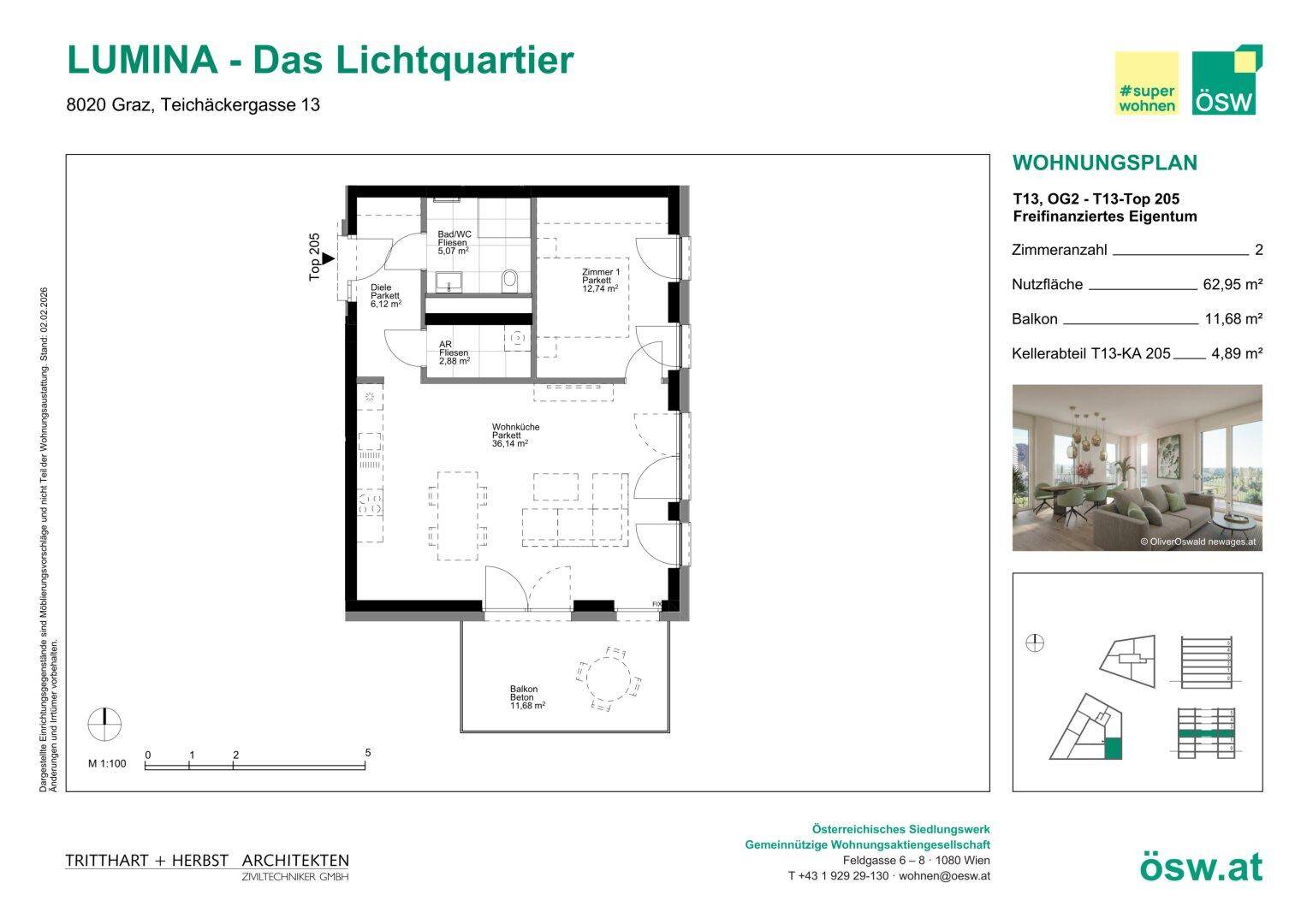 Grundrissplan einer Wohnung mit zwei Zimmern, Balkon und Kellerabteil.