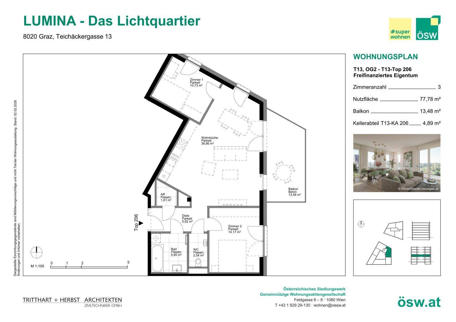 Detaillierter Grundriss einer Wohnung mit drei Zimmern, Balkon und offenem Wohnbereich.