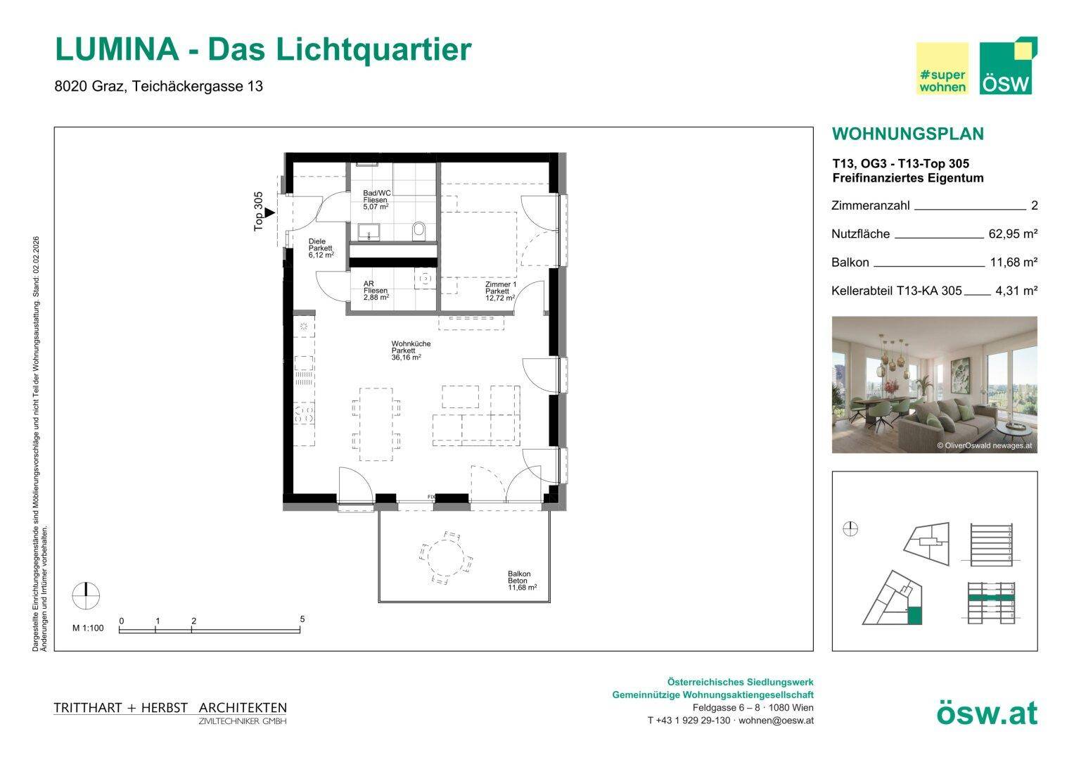 Grundriss einer Wohnung mit zwei Zimmern, Balkon und Kellerabteil, inklusive Flächenangaben.