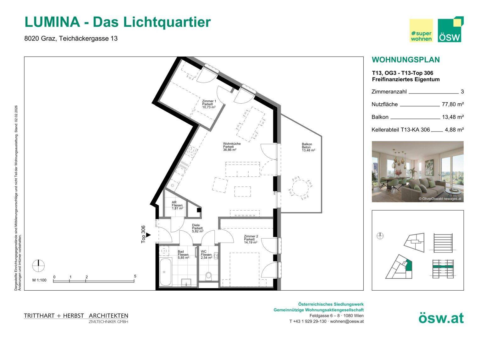 Detaillierter Grundriss einer Wohnung mit drei Zimmern, Balkon und Kellerabteil.