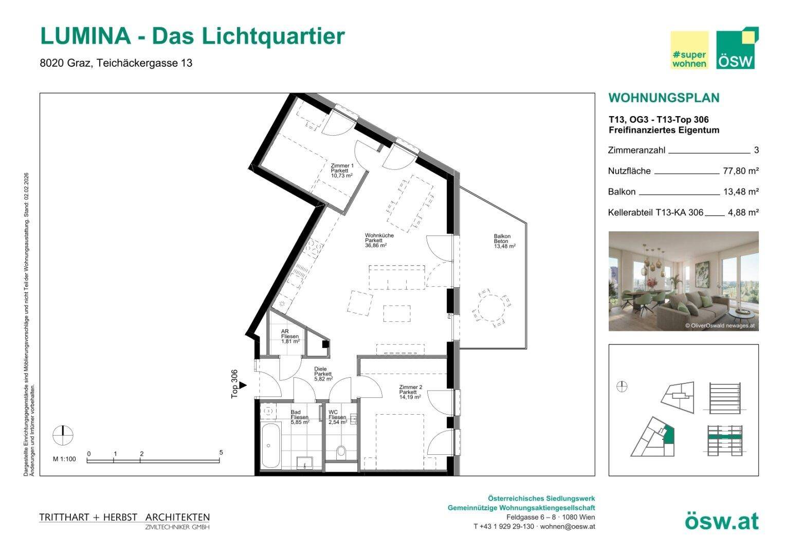 Detaillierter Grundriss einer Wohnung mit drei Zimmern, Balkon und Kellerabteil.