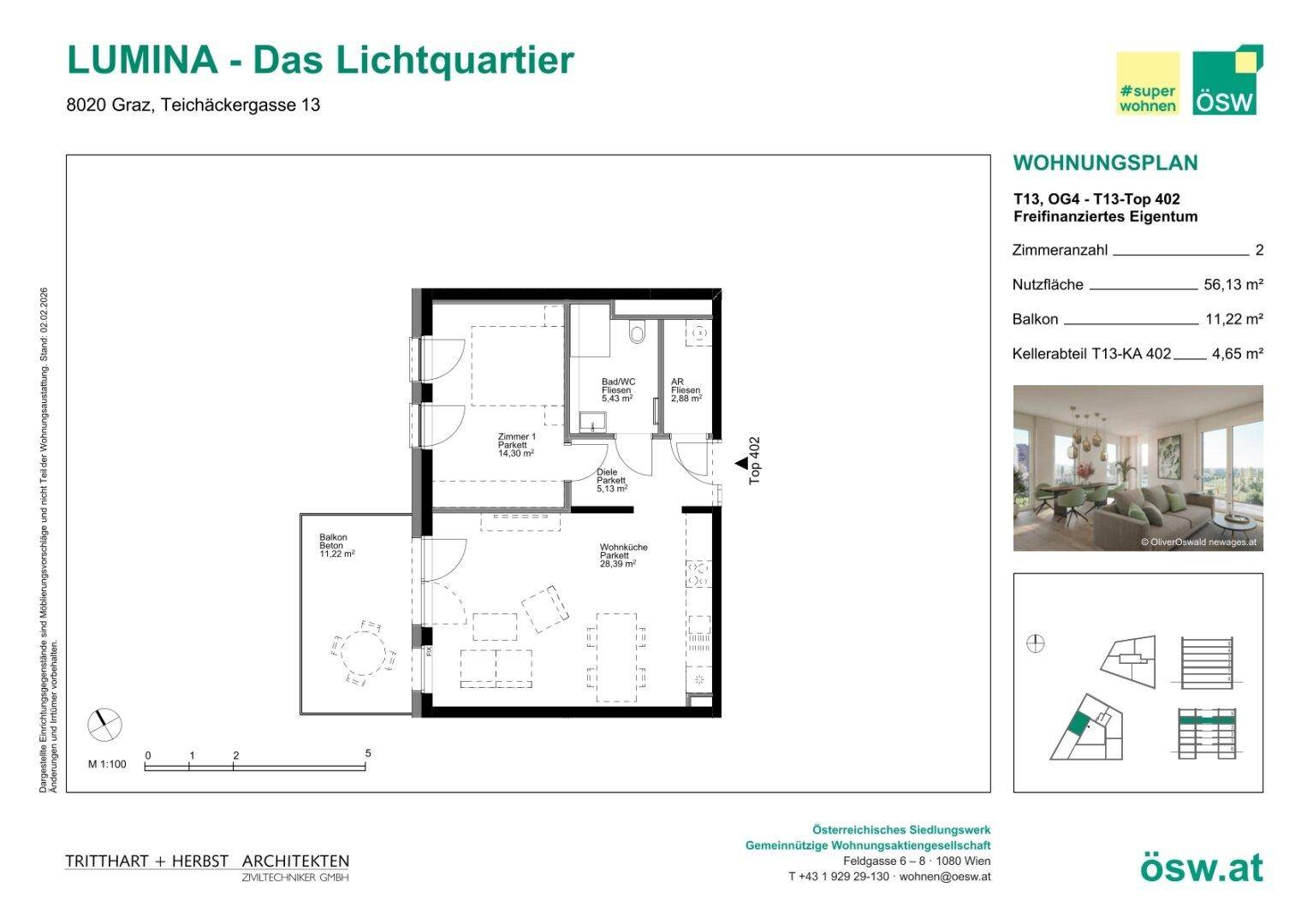 Grundriss einer 2-Zimmer-Wohnung mit Balkon, Bad und separatem WC.