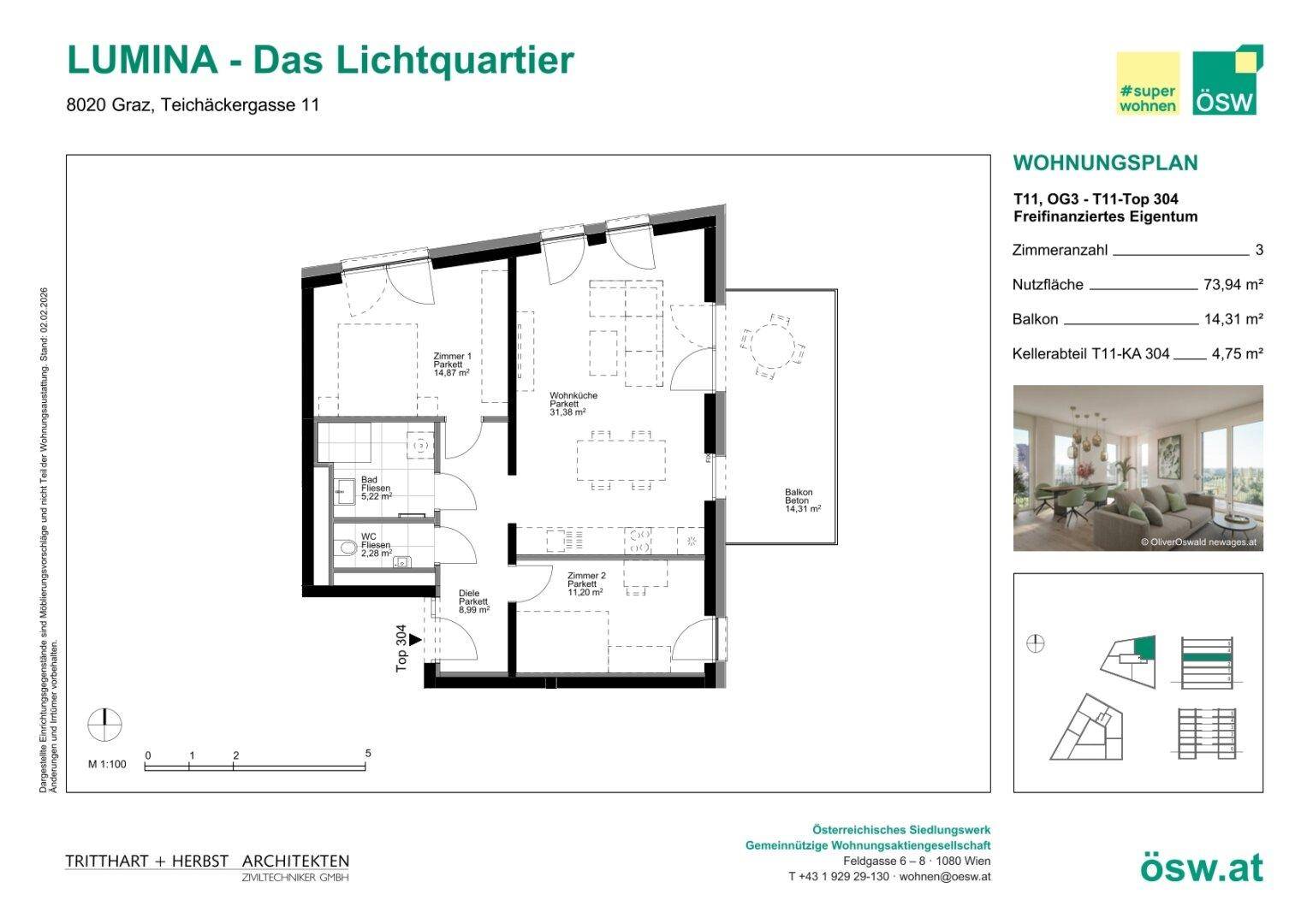Detaillierter Grundriss einer Wohnung mit zwei Schlafzimmern, Wohnküche und Balkon.
