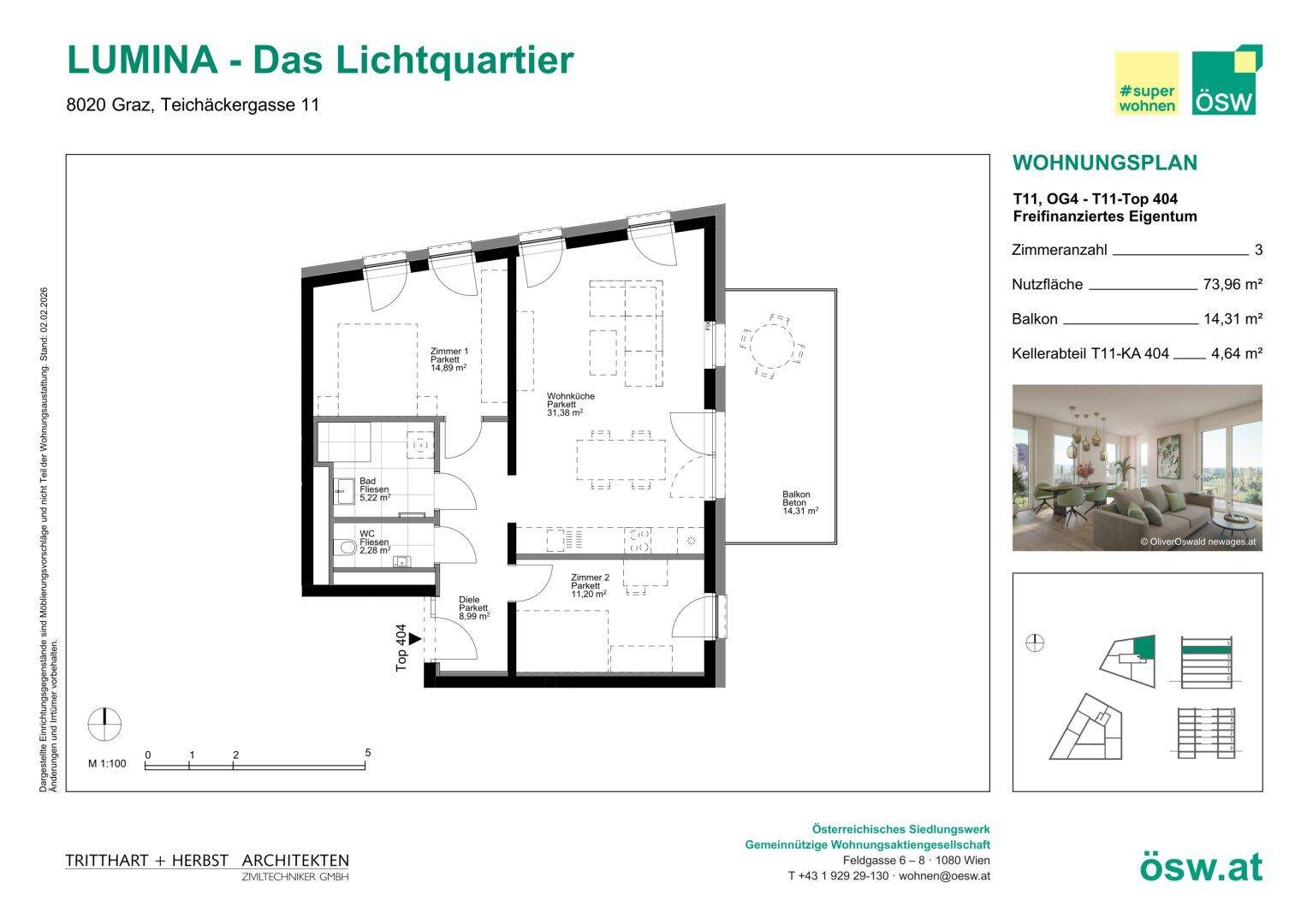 Grundriss einer Wohnung mit drei Zimmern, Balkon und Kellerabteil.