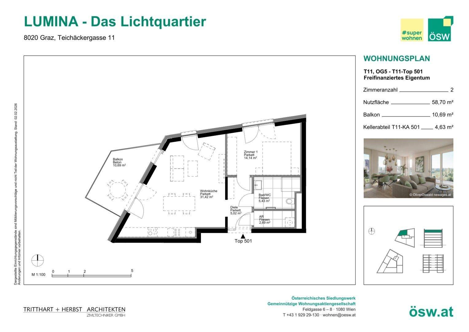 Grundriss der Wohnung Top 501 mit offenem Wohnbereich, Schlafzimmer und großem Balkon.