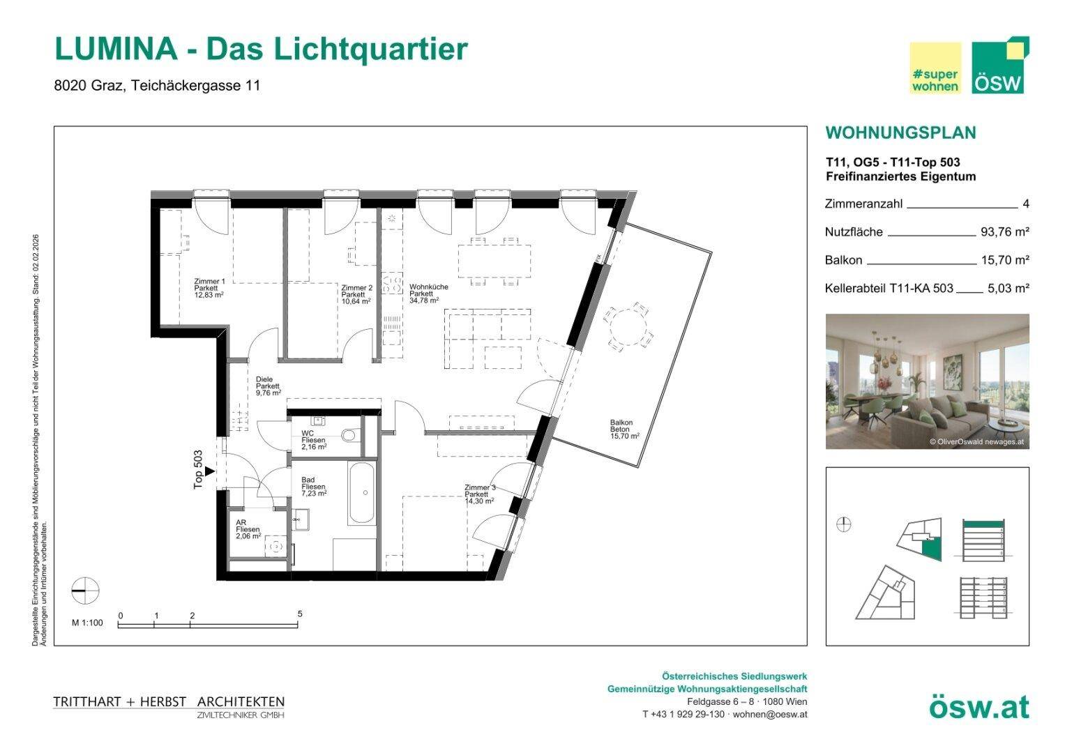 Grundriss einer 4-Zimmer-Wohnung mit Balkon und separatem WC.