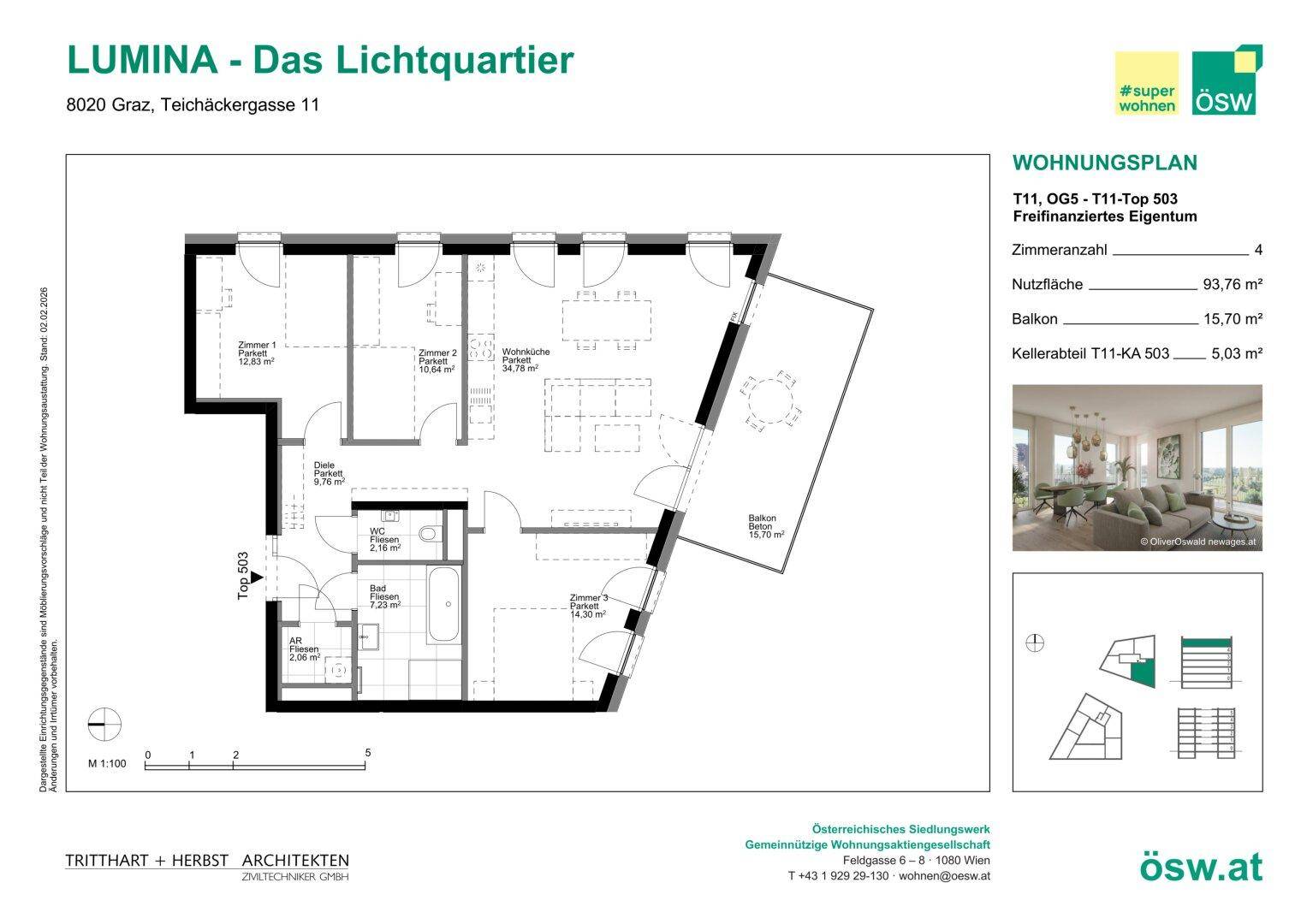 Grundriss einer 4-Zimmer-Wohnung mit Balkon und separatem WC.
