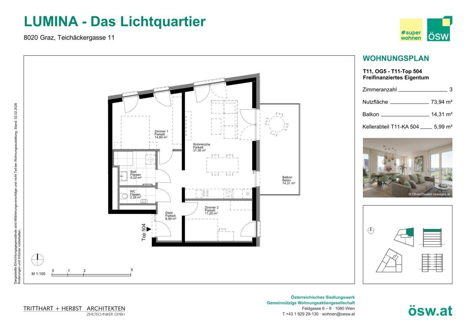 Grundriss einer Wohnung mit drei Zimmern, Balkon und separatem WC.