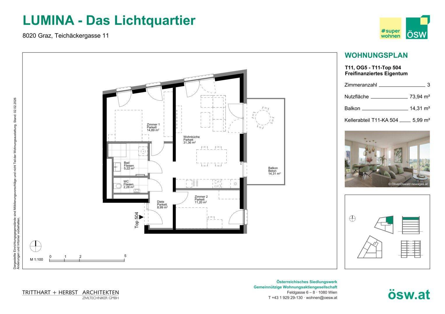 Grundriss einer Wohnung mit drei Zimmern, Balkon und separatem WC.